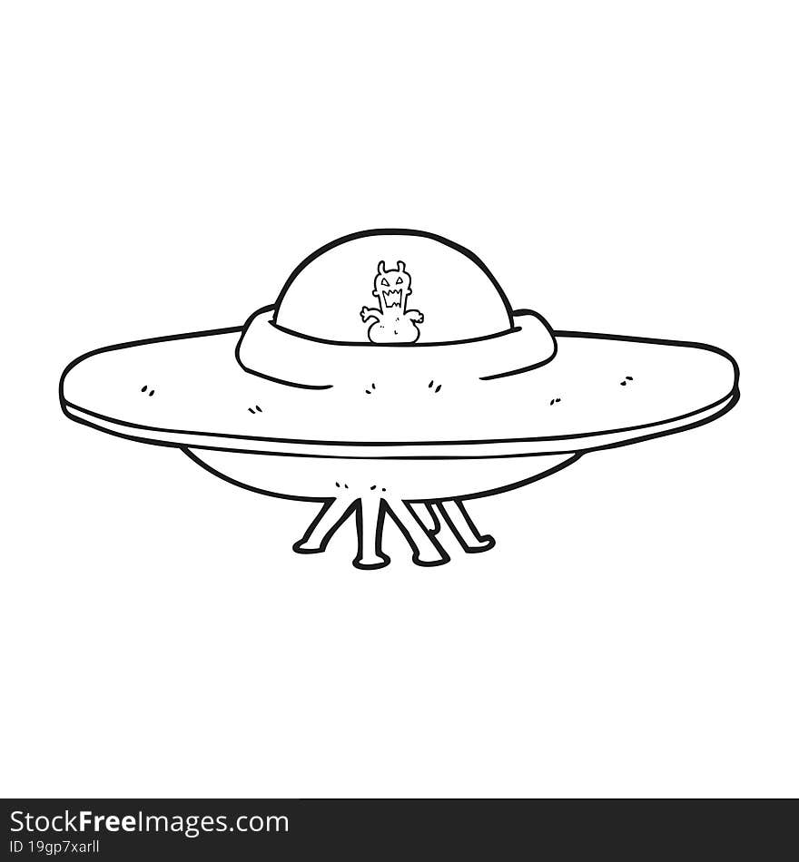 freehand drawn black and white cartoon UFO