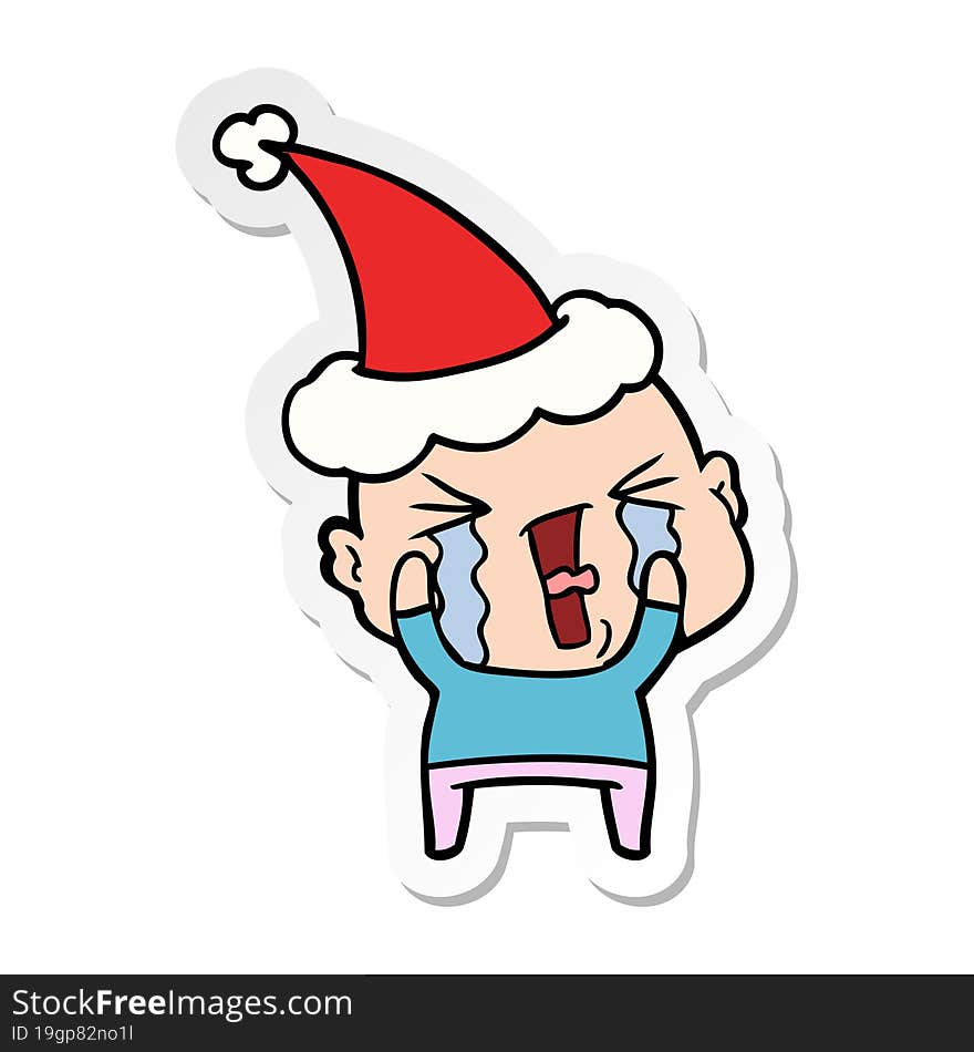 sticker cartoon of a crying bald man wearing santa hat