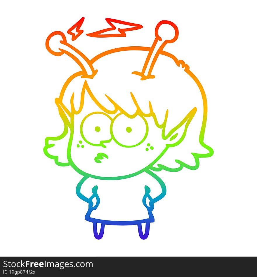 rainbow gradient line drawing of a cartoon alien girl