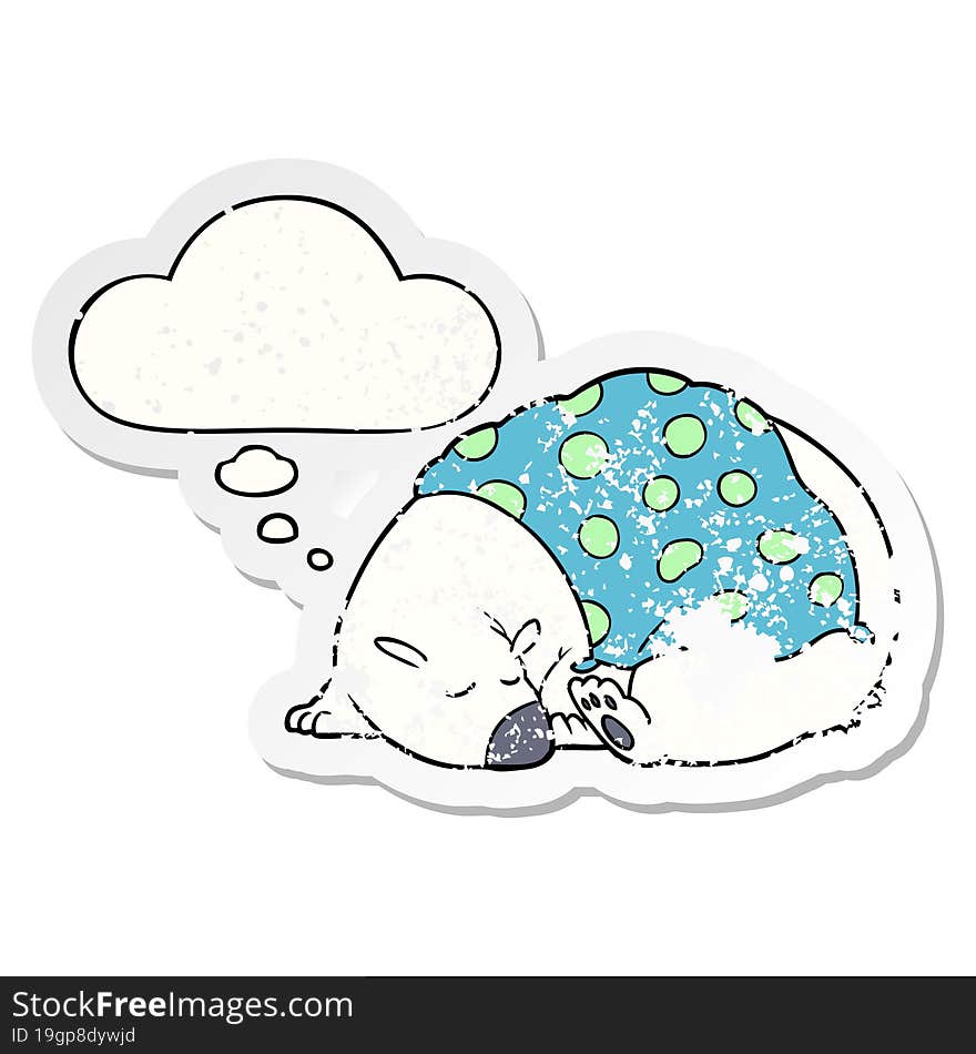 cartoon polar bear sleeping with thought bubble as a distressed worn sticker