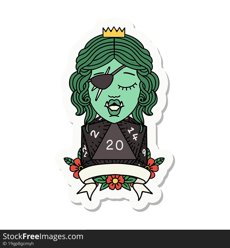 sticker of a half orc rogue character with natural twenty dice roll. sticker of a half orc rogue character with natural twenty dice roll