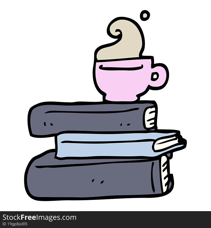 hand drawn doodle style cartoon books and cup of coffee