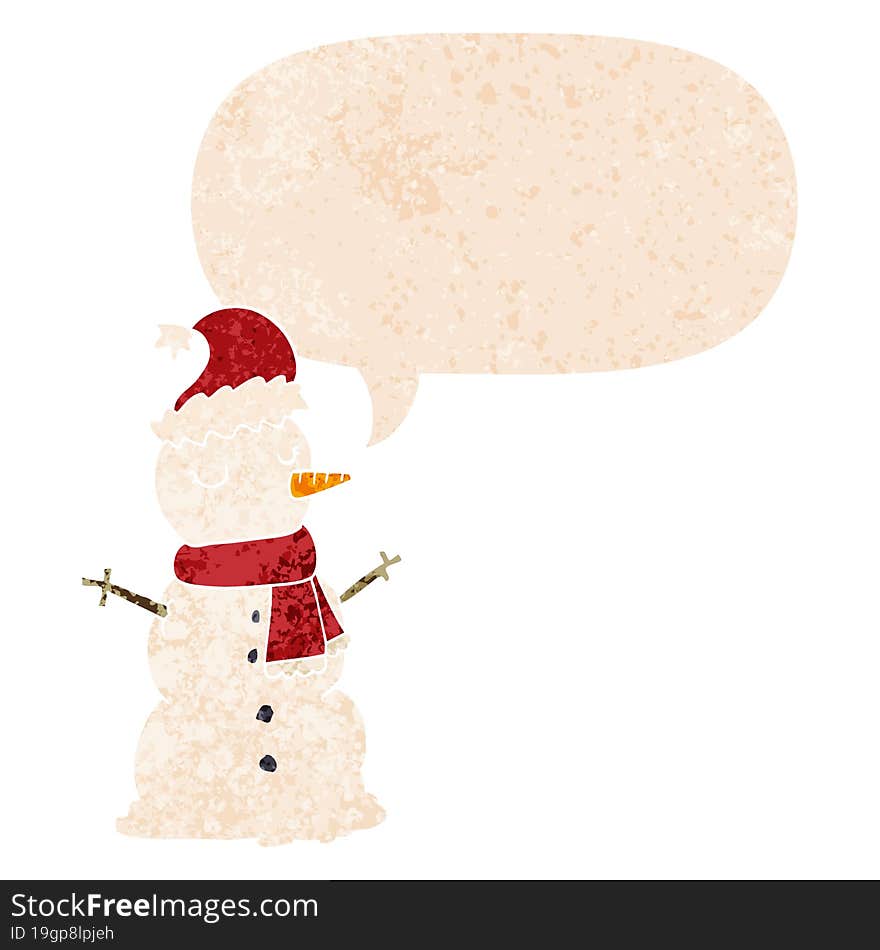 cartoon snowman and speech bubble in retro textured style