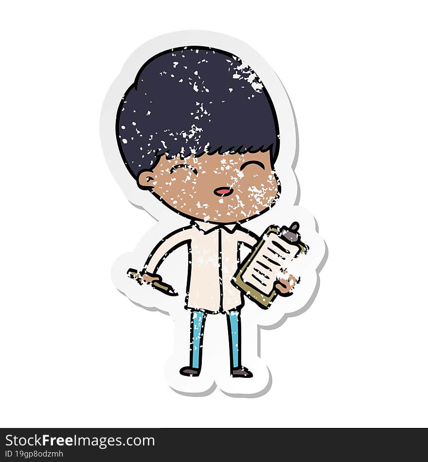 distressed sticker of a cartoon boy taking notes