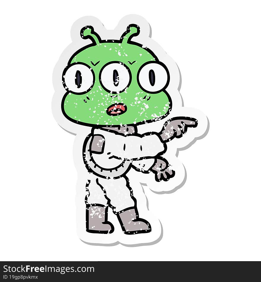 distressed sticker of a cartoon three eyed alien