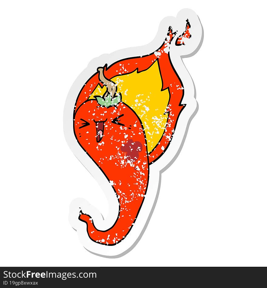 distressed sticker of a cartoon flaming hot chili pepper