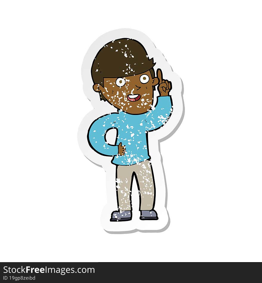 retro distressed sticker of a cartoon boy with idea