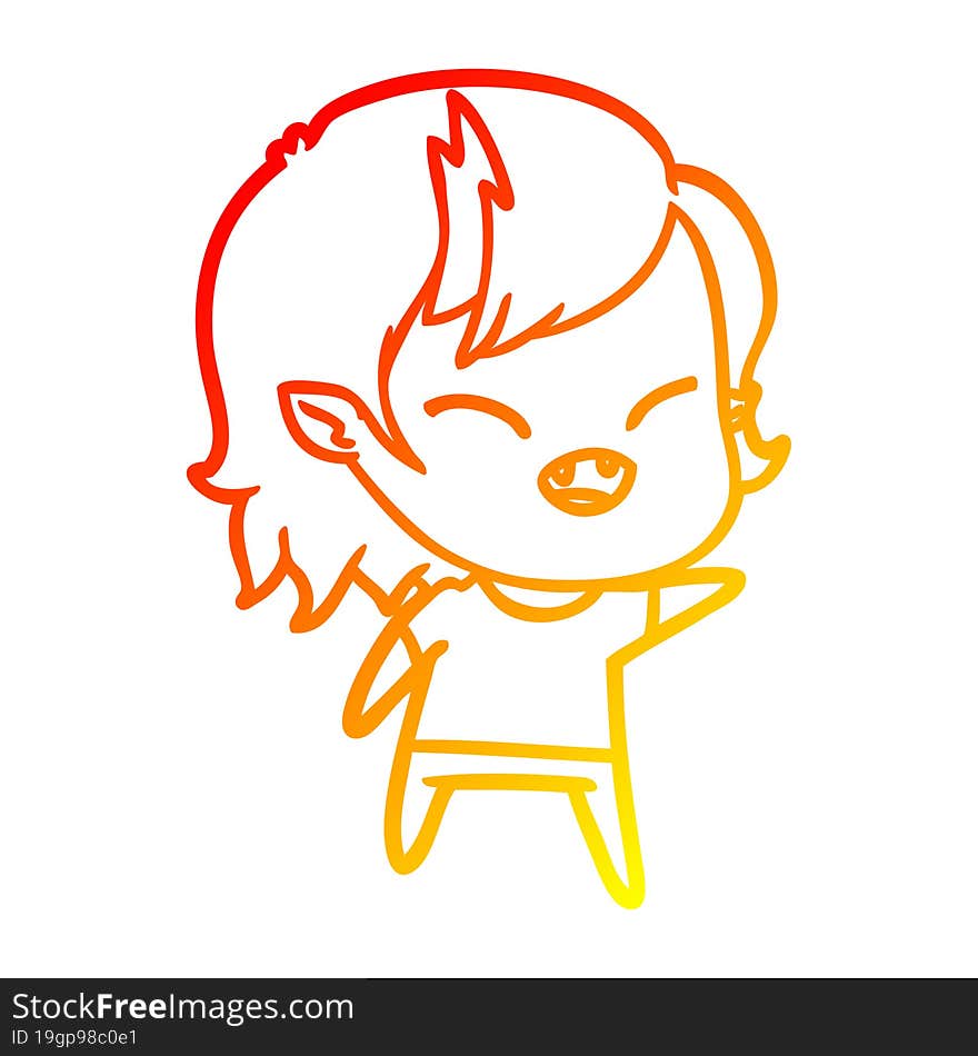 warm gradient line drawing of a cartoon laughing vampire girl