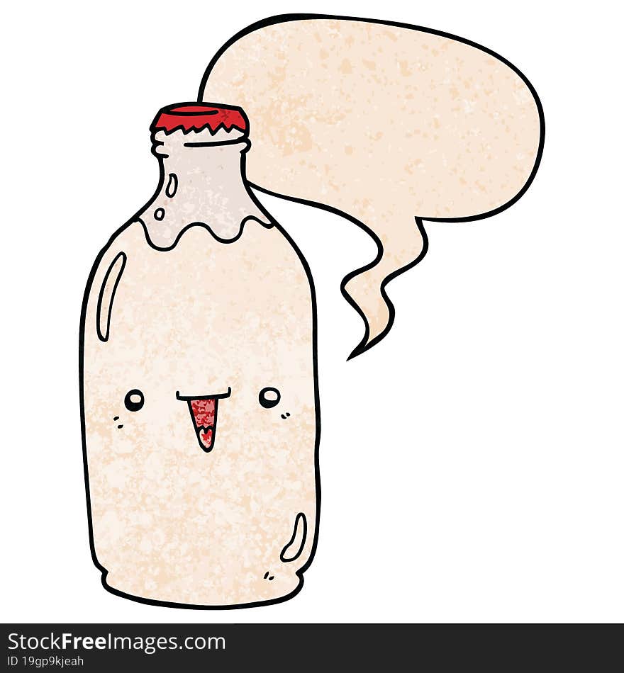 cute cartoon milk bottle and speech bubble in retro texture style