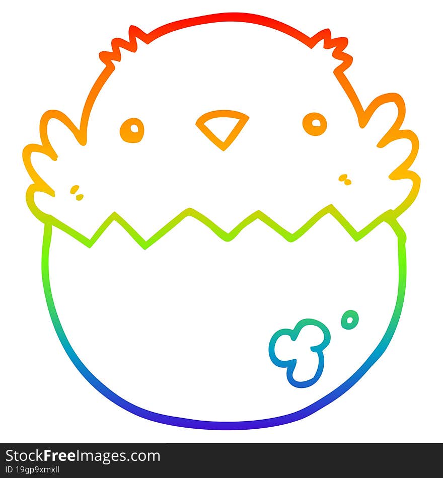 rainbow gradient line drawing of a cartoon chick hatching from egg