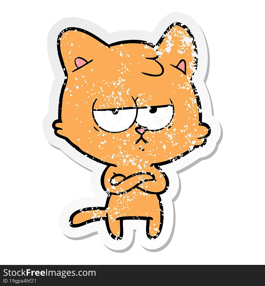 distressed sticker of a bored cartoon cat