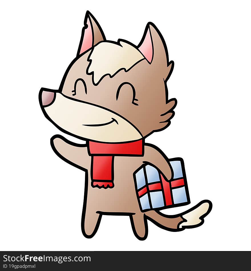 friendly cartoon wolf with present. friendly cartoon wolf with present