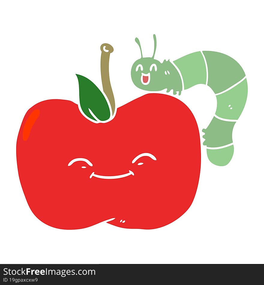 flat color style cartoon apple and bug