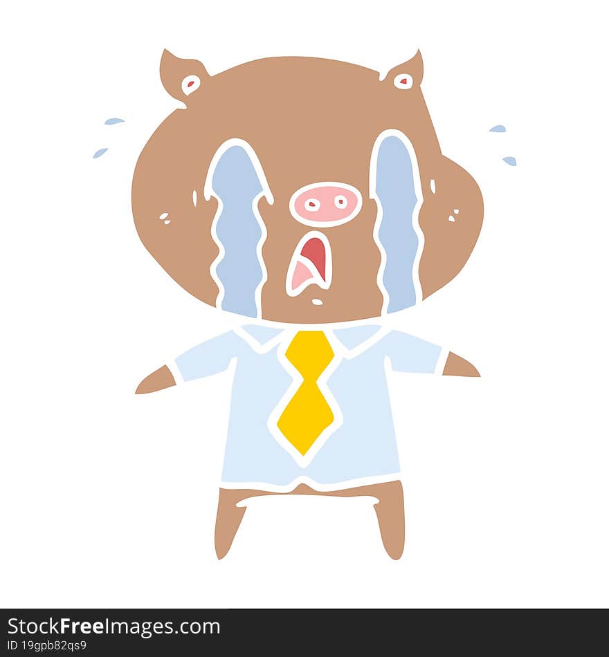 crying pig flat color style cartoon wearing human clothes