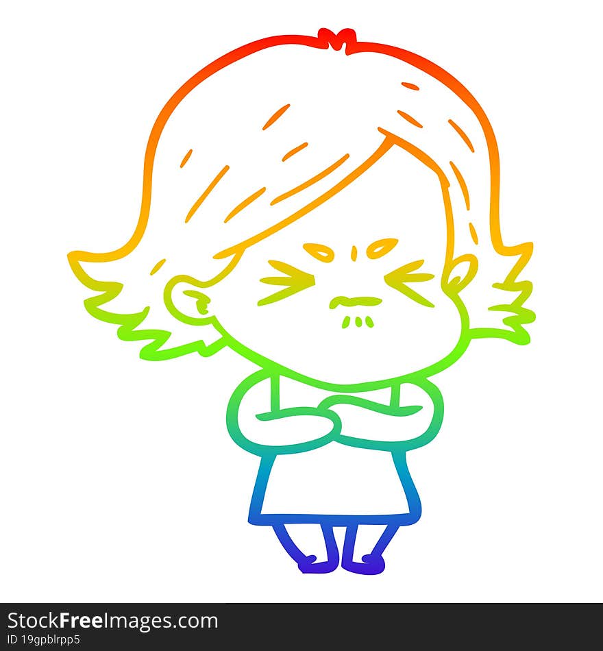 rainbow gradient line drawing of a cartoon angry girl