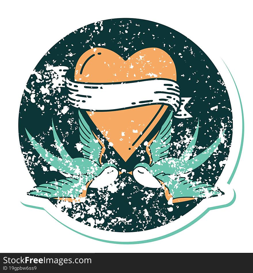 Distressed Sticker Tattoo Style Icon Of A Swallows And A Heart With Banner