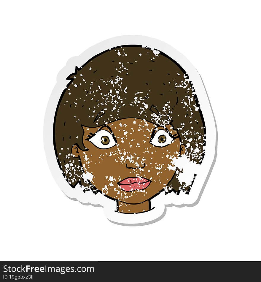 retro distressed sticker of a cartoon worried female face