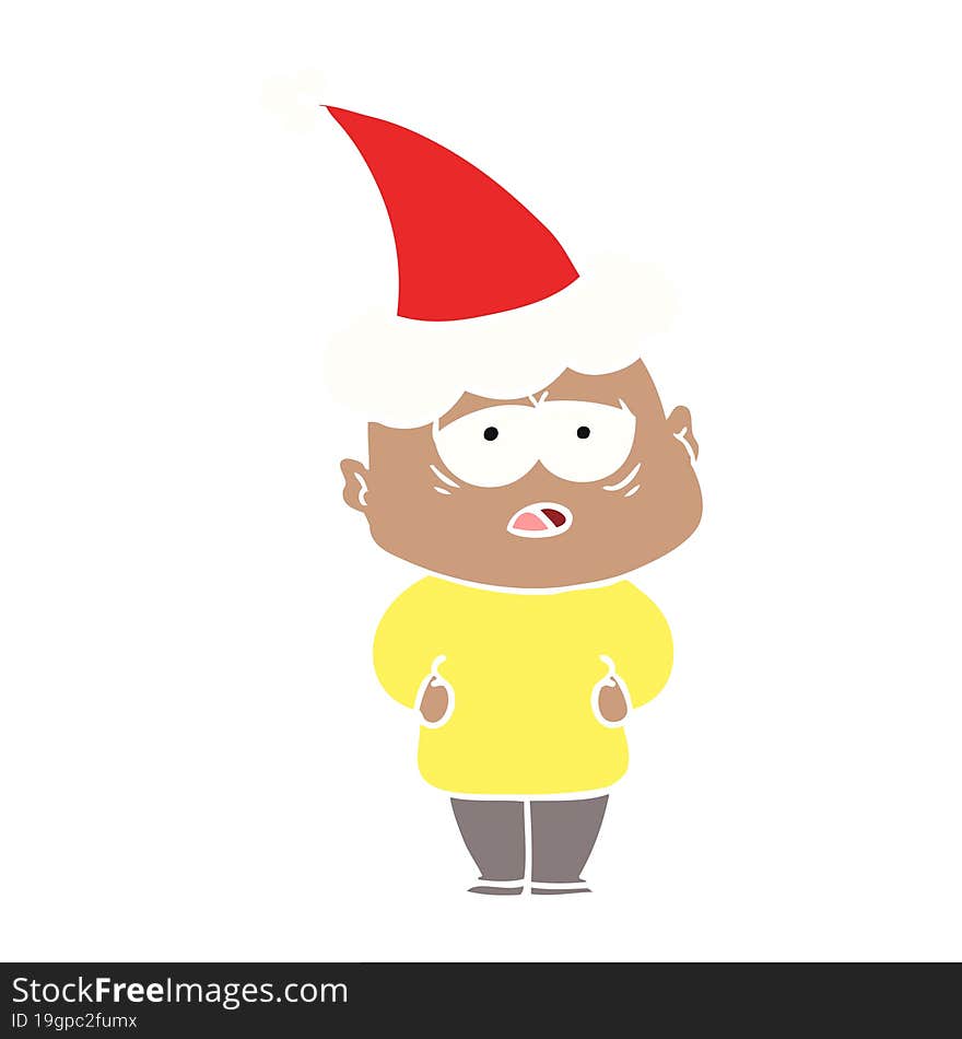 Flat Color Illustration Of A Tired Bald Man Wearing Santa Hat