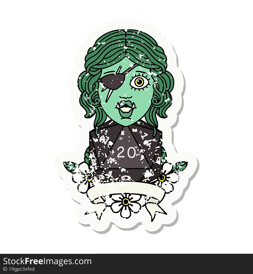 half orc rogue character with natural twenty dice roll grunge sticker