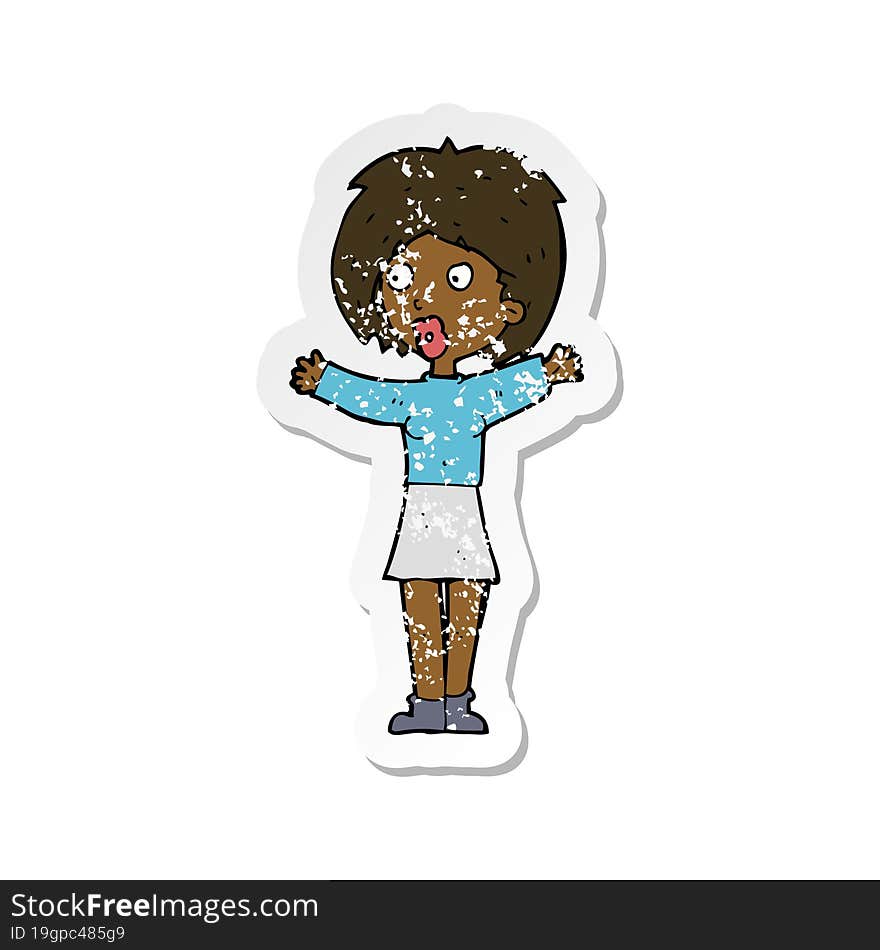 retro distressed sticker of a cartoon worried woman