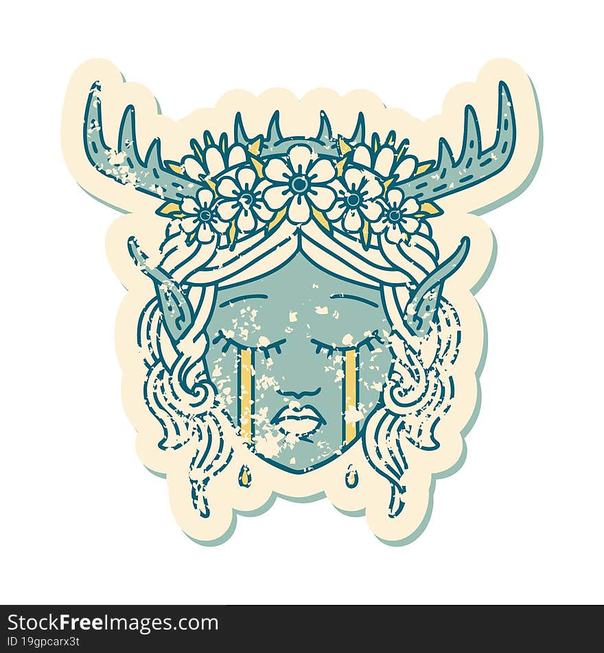 Retro Tattoo Style crying elf druid character face. Retro Tattoo Style crying elf druid character face