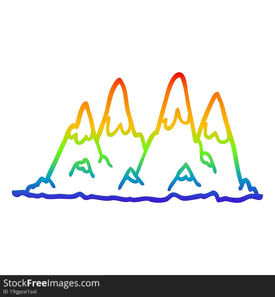 rainbow gradient line drawing of a cartoon mountain range