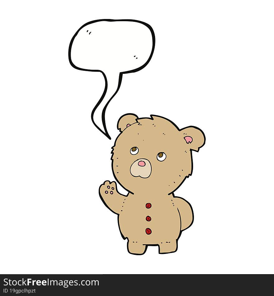 cartoon waving teddy bear with speech bubble