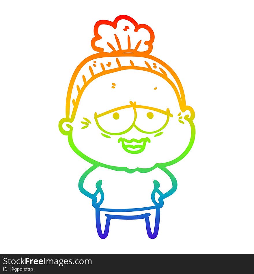 rainbow gradient line drawing of a cartoon happy old lady