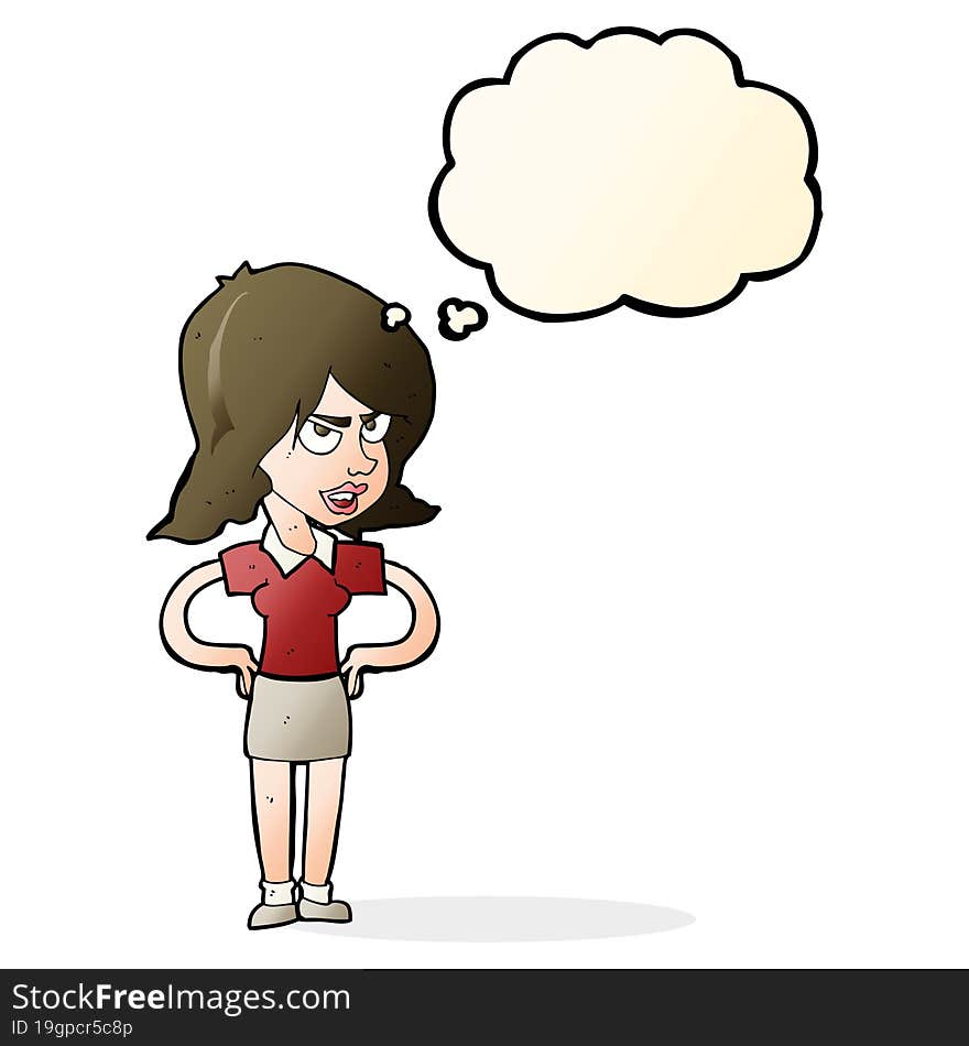 cartoon annoyed woman with hands on hips with thought bubble