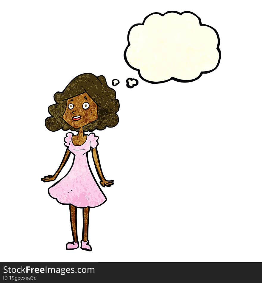 cartoon happy woman in dress with thought bubble