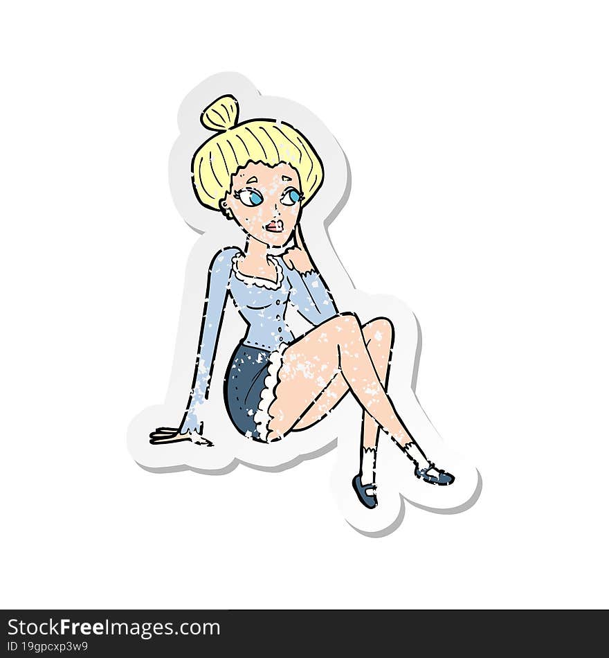 Retro Distressed Sticker Of A Cartoon Attractive Woman Sitting Thinking