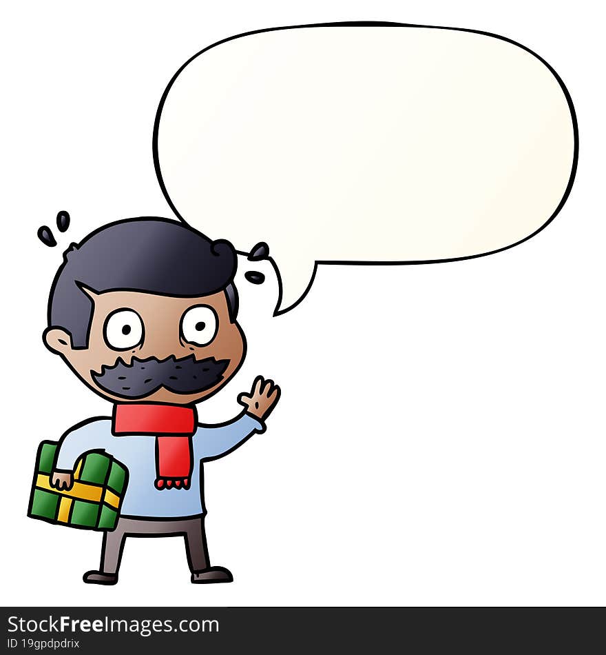 cartoon man and mustache and christmas present and speech bubble in smooth gradient style