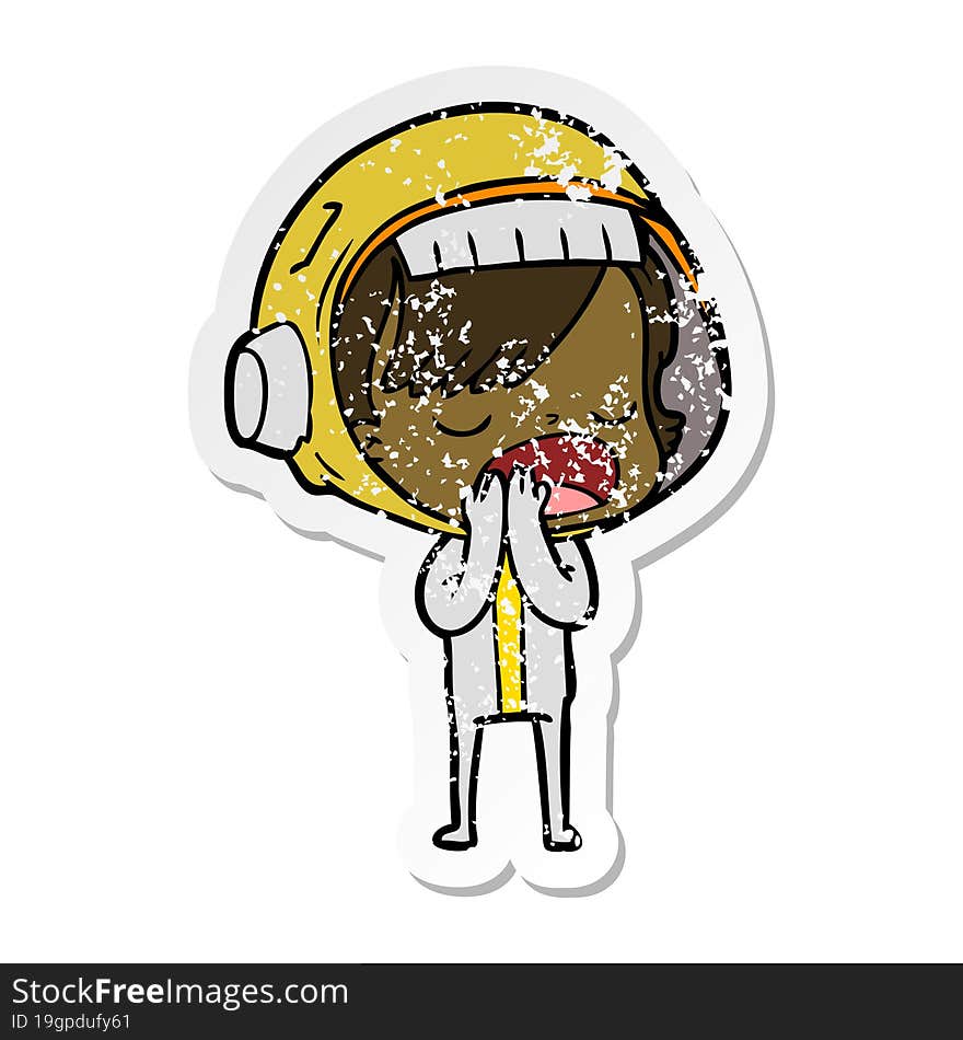 distressed sticker of a cartoon astronaut woman explaining