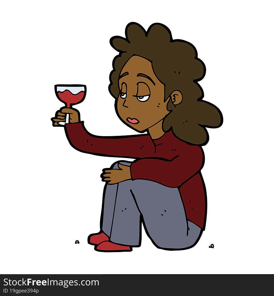 cartoon unhappy woman with glass of wine