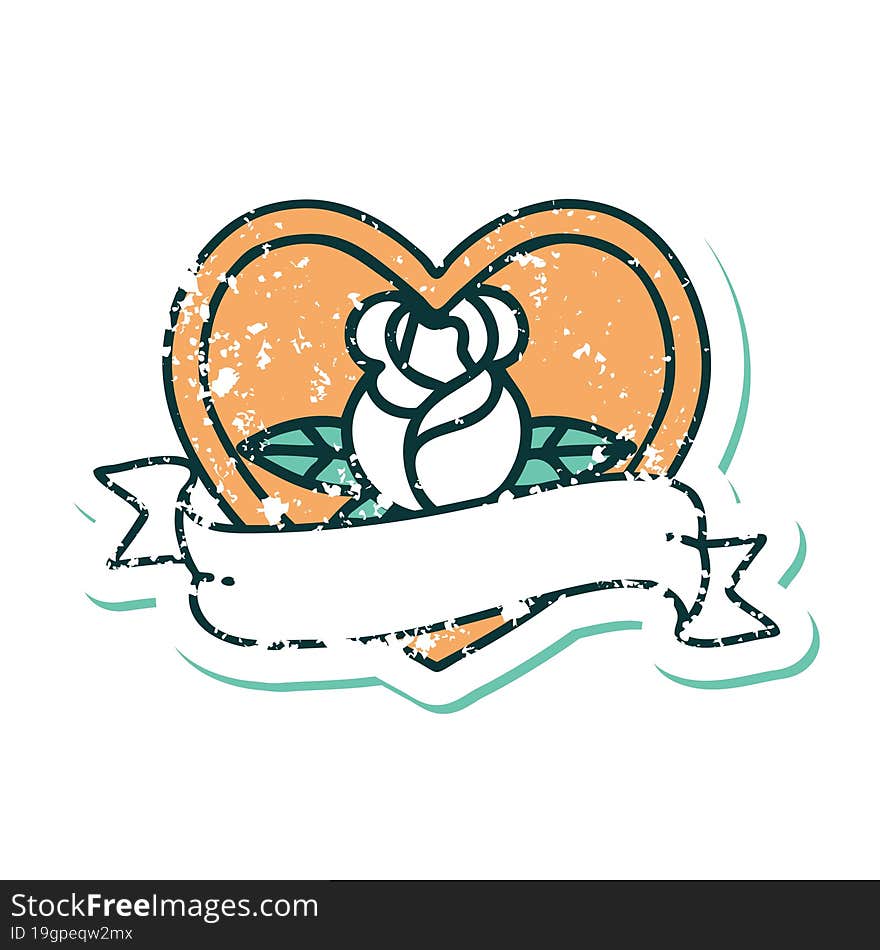 distressed sticker tattoo style icon of a heart rose and banner