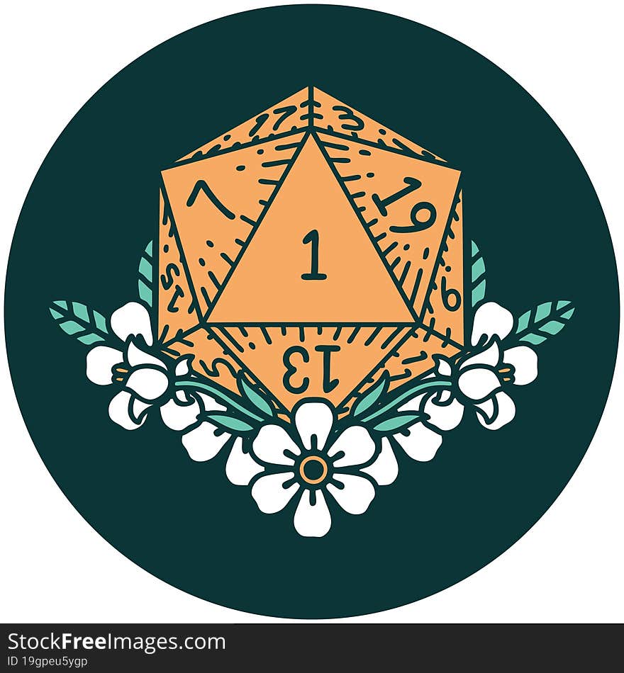 natural one dice roll with floral elements icon