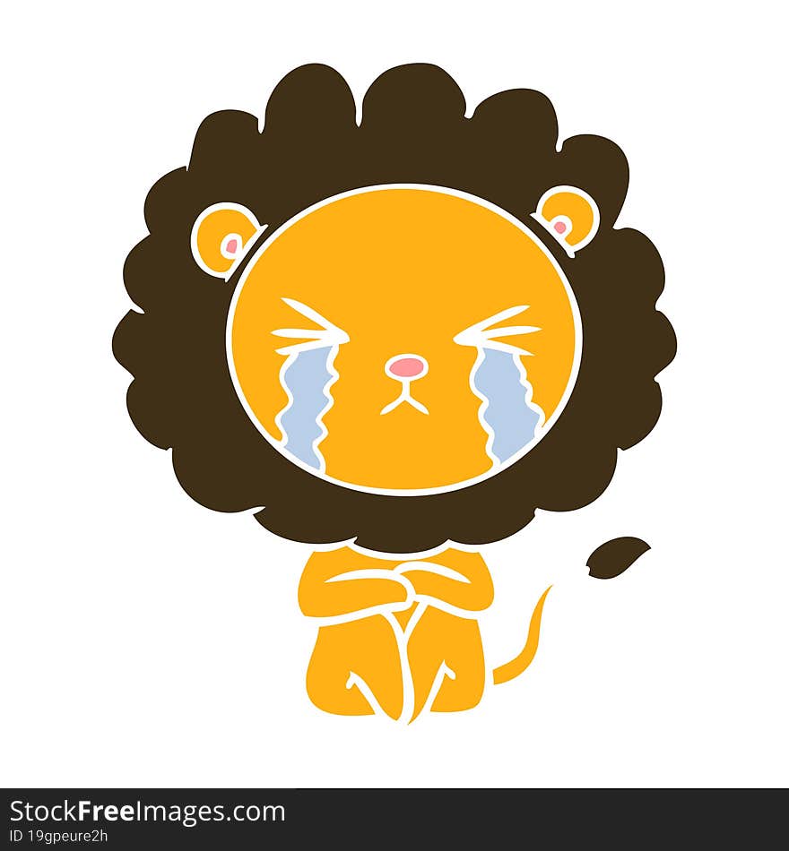 flat color style cartoon crying lion sitting huddled up