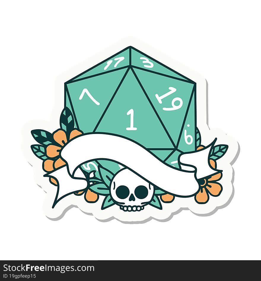 sticker of a natural one d20 dice roll. sticker of a natural one d20 dice roll