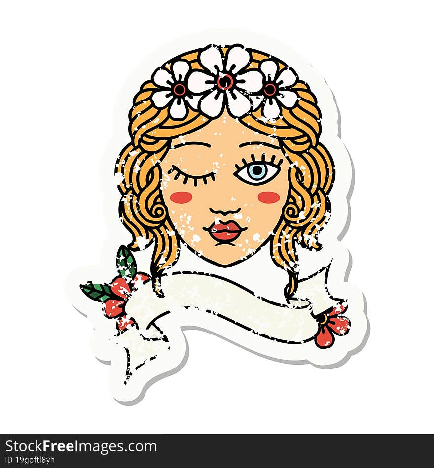 grunge sticker with banner of a maidens face winking