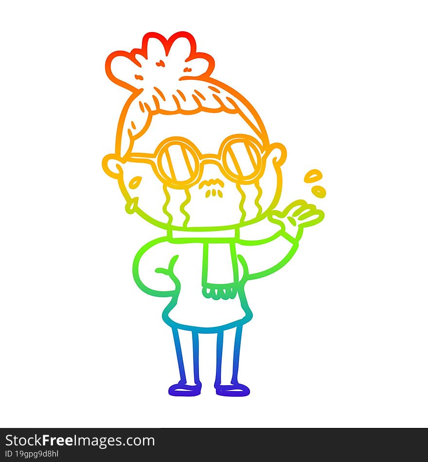 Rainbow Gradient Line Drawing Cartoon Crying Woman Wearing Spectacles