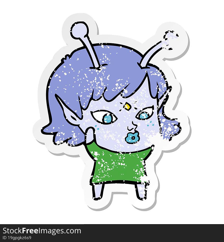 distressed sticker of a pretty cartoon alien girl