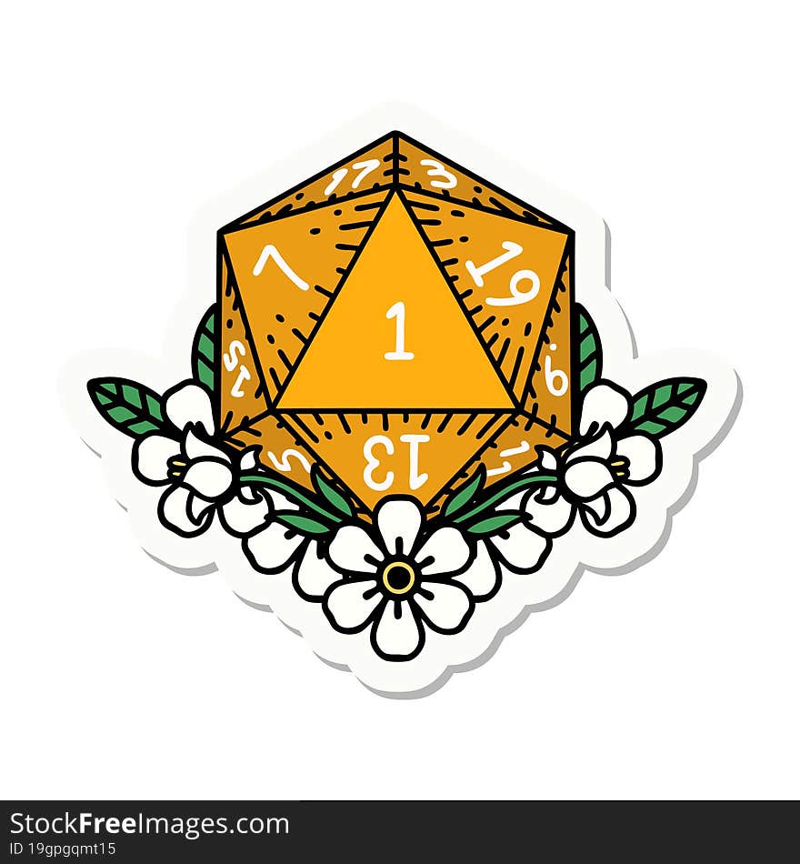 natural one dice roll with floral elements sticker