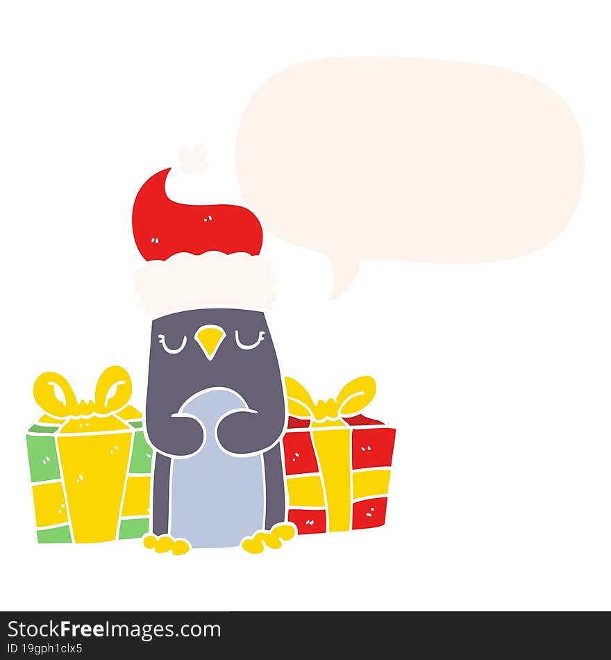 cute christmas penguin and speech bubble in retro style