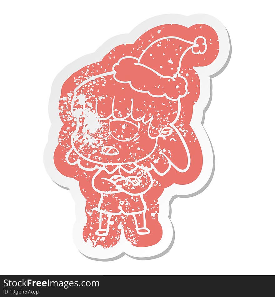 Cartoon Distressed Sticker Of A Tired Woman Wearing Santa Hat