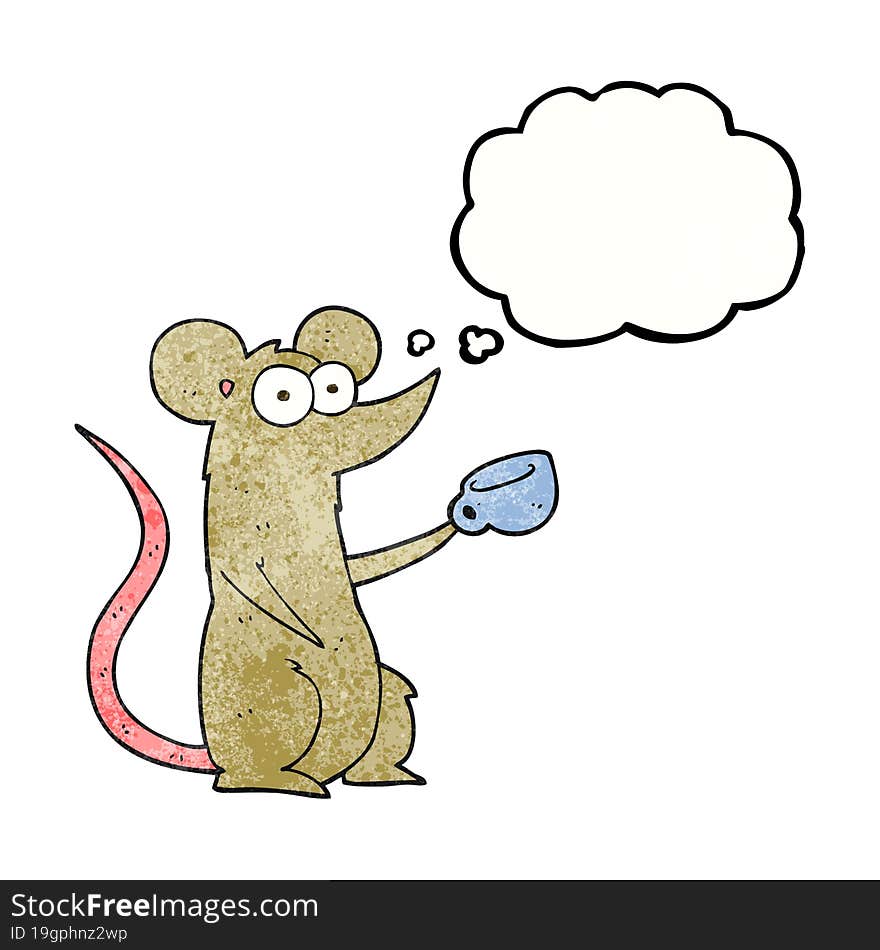 freehand drawn thought bubble textured cartoon mouse with coffee cup