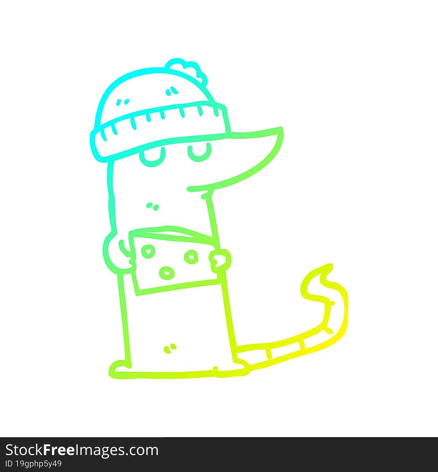 Cold Gradient Line Drawing Cartoon Mouse Thief With Cheese