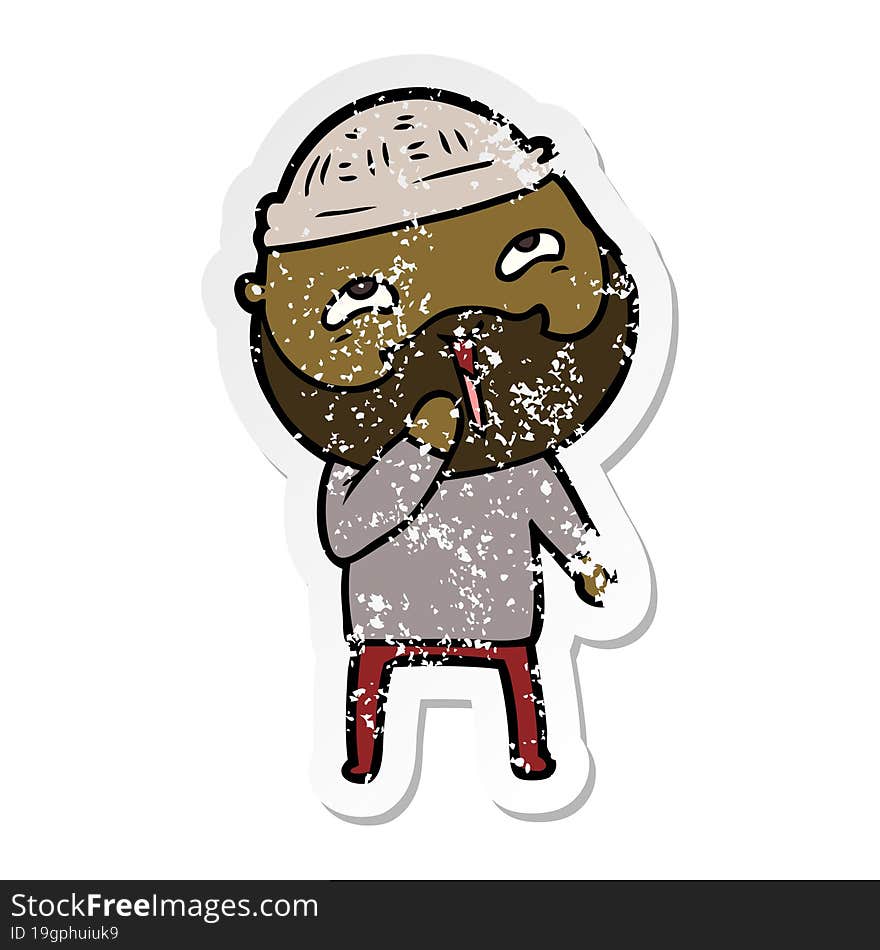 distressed sticker of a cartoon happy bearded man