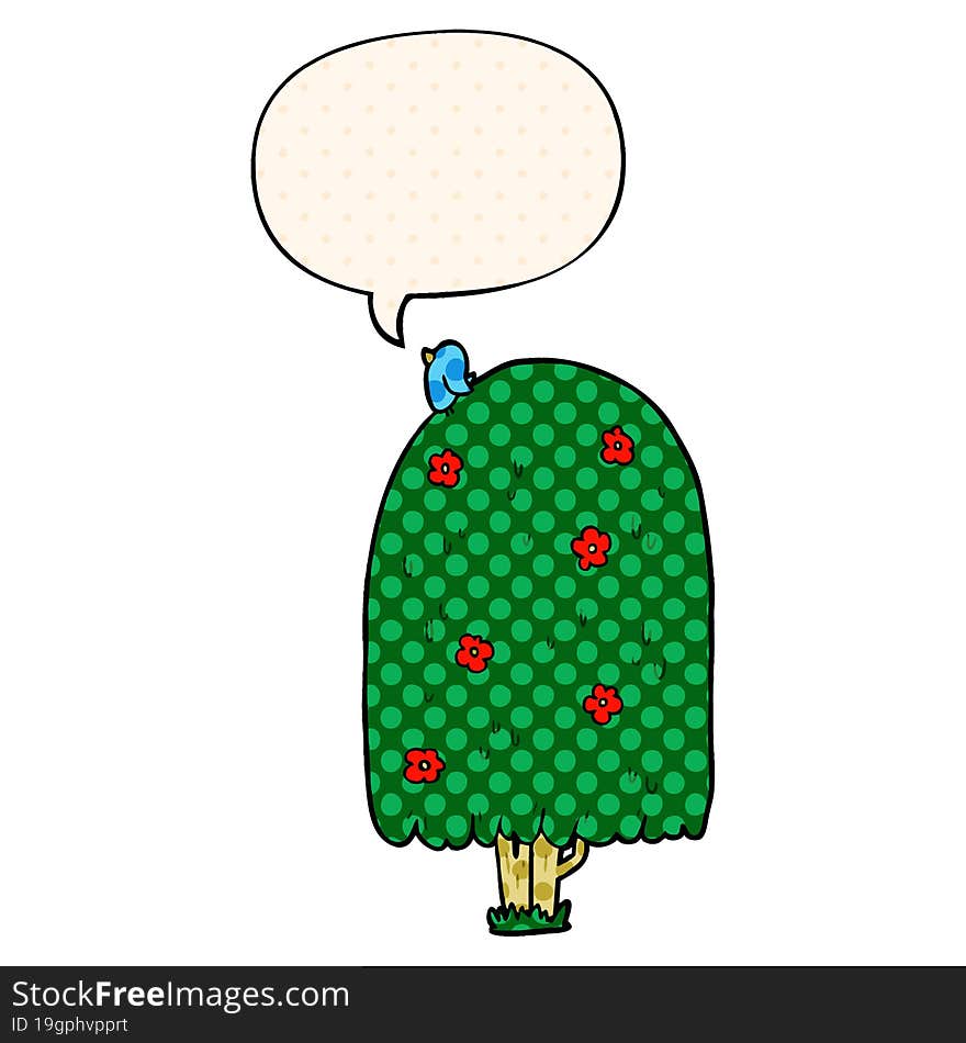 cartoon tall tree and speech bubble in comic book style