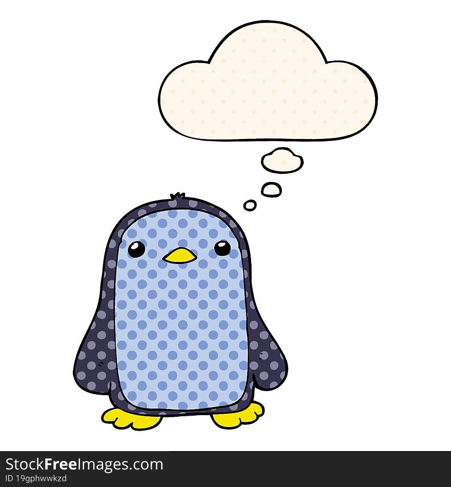 cute cartoon penguin and thought bubble in comic book style