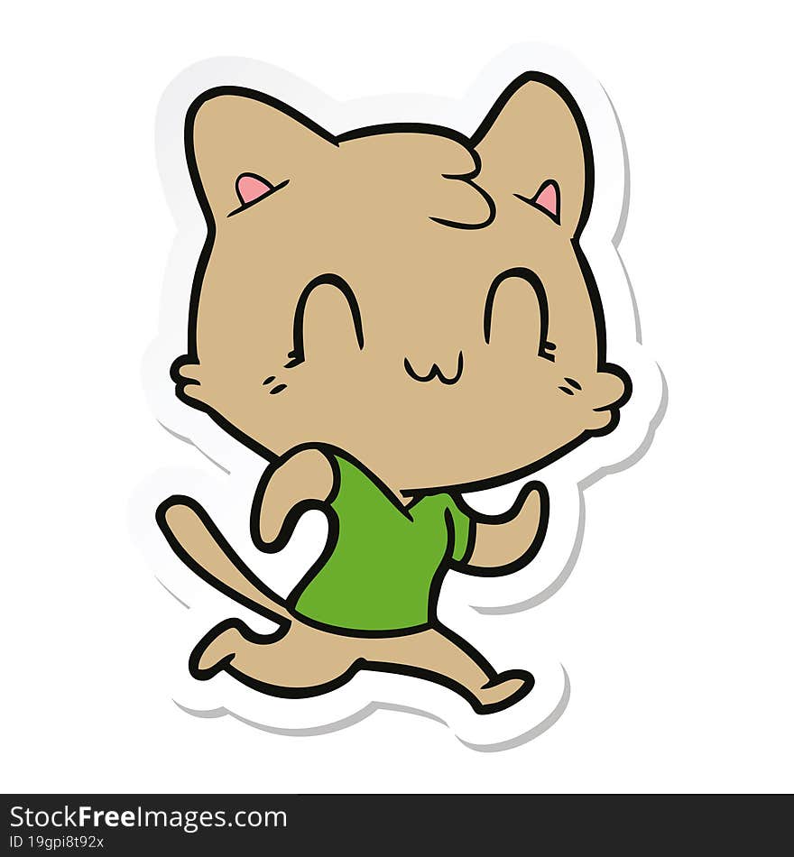 sticker of a cartoon happy cat running